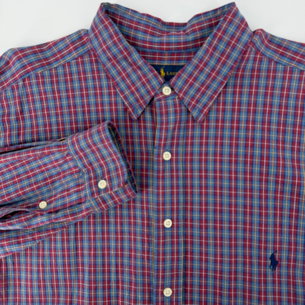 Polo Ralph Lauren Mens XLT Tall Classic Fit Plaid Button Down Red Blue Cotton